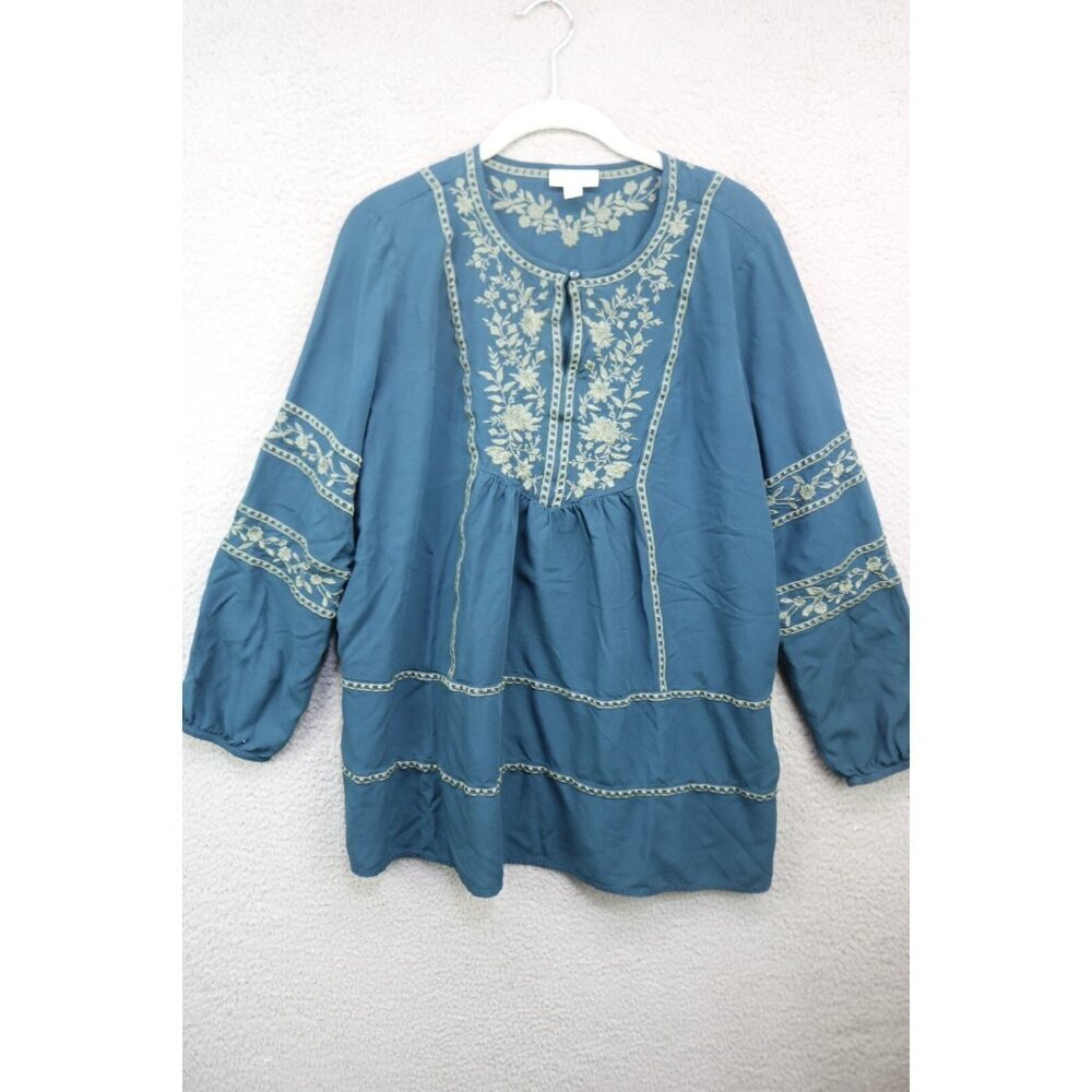 J. Jill‎ Long Puff Sleeves Green Embroidered Tunic-M-Floral-Whimsigoth-Prairie